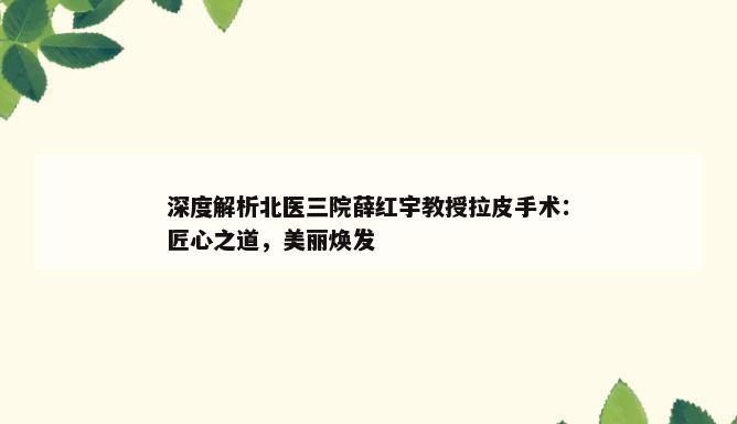 深度解析北医三院薛红宇教授拉皮手术：匠心之道，美丽焕发