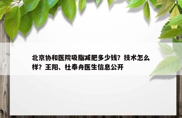 北京协和医院吸脂减肥多少钱？技术怎么样？王阳、杜奉舟医生信息公开